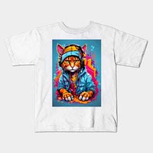 Handsome orange cat dj wearing headphones. Kids T-Shirt